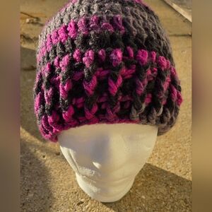 Handmade Chunky Cozy Knit Beanie in Pink and Gray and Black